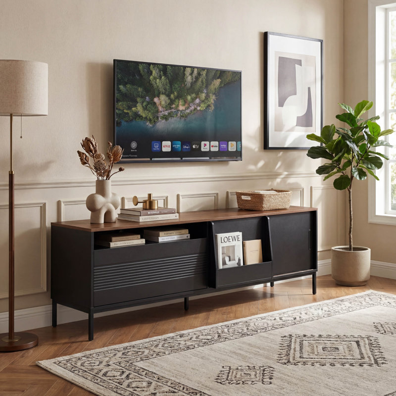 U-Can Mid Century Modern 70.8 Inch TV Stand Media Console with Sliding Doors Adjustable Shelves and Metal Frame for TVs up to 75 Inches