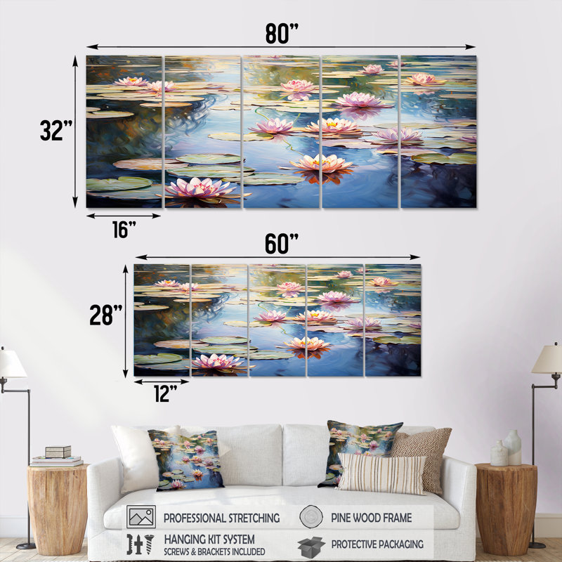 Ensemble de 5 toiles d'art Monet S Water Lily Pond Reflections II - Lake, H 28 po x l 60 po