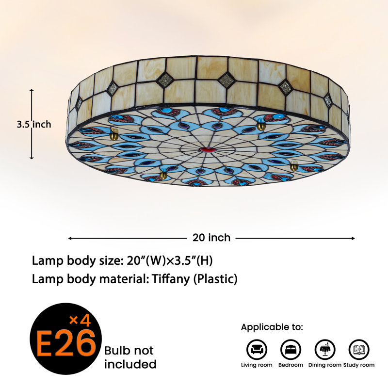 4-Light 19.7" Dimmable Tiffany Glass Flush Mount
