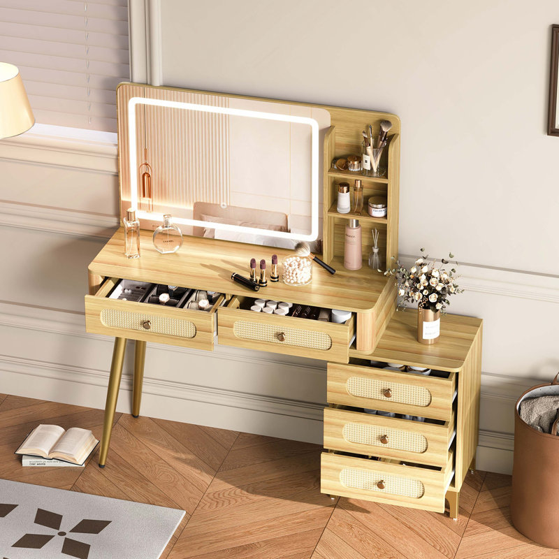 Coiffeuse de 47 po avec miroir et lumières, coiffeuse de maquillage avec 5 tiroirs et tablette de rangement, conception de tiroir en rotin, 3 modes de couleur et coiffeuse à luminosité réglable