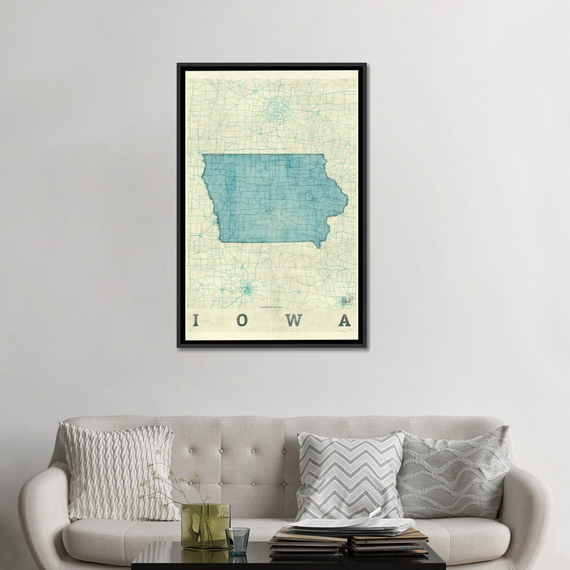 « iowa map », impression sur toile, H 26 po x l 18 po x P 1,5 po, Toile avec cadre noir, Pas de tapis