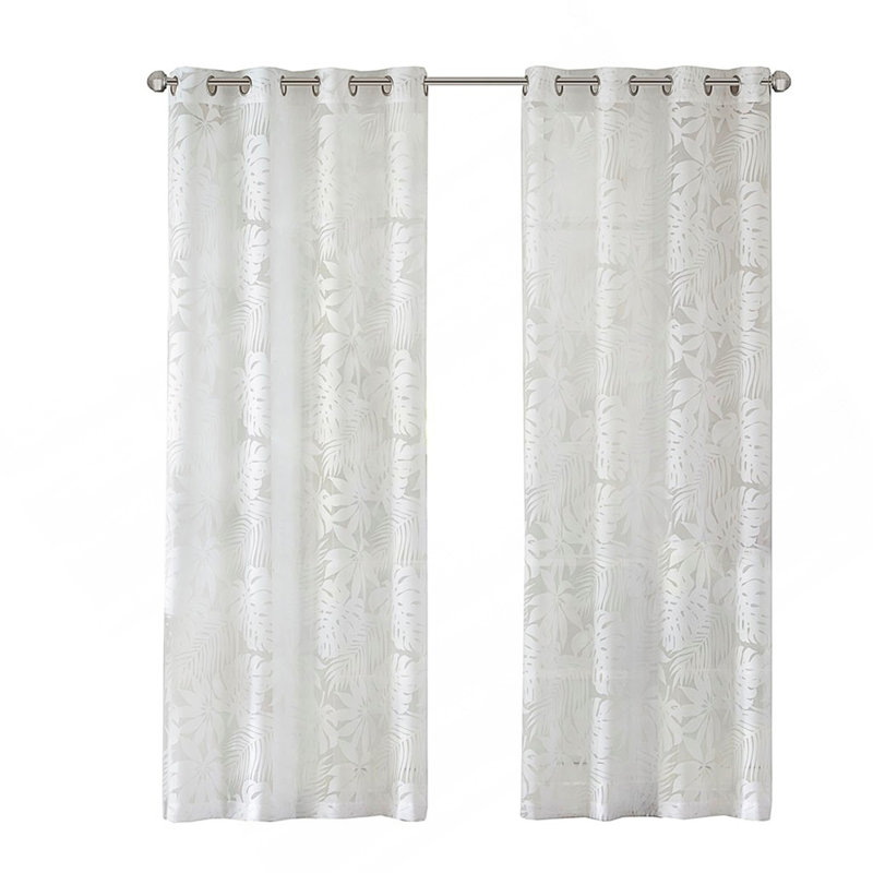 Palm Leaf Burnout Sheer Window Panel With Grommet Top For Natural Light And Elegant Style, White, 50" W  x 84" L