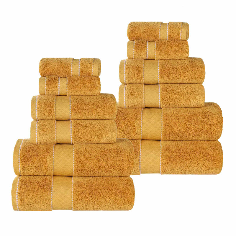 12 Piece Egyptian Giza Cotton Diamond Dobby Border Towel Set, Gold