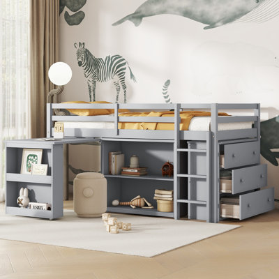 Twin Loft Bed stroage case ,drawers,Twin Loft Bed with ,Drawer Cabinet, Shelf Cabinet and Pulling -Out Desk,Rubber Wood Loft Bed with Safety Guardrail ,Ladder