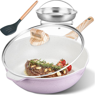 Poêle à frire en céramique de 12 pouces de 12 po, poêle à sauter de 5,5 pte avec couvercle, grande poêle avec support à vapeur, cuiseur géant en bonne santé, poignée qui reste froide, compatible avec l'induction, sans pfoa et pfas, mauve.