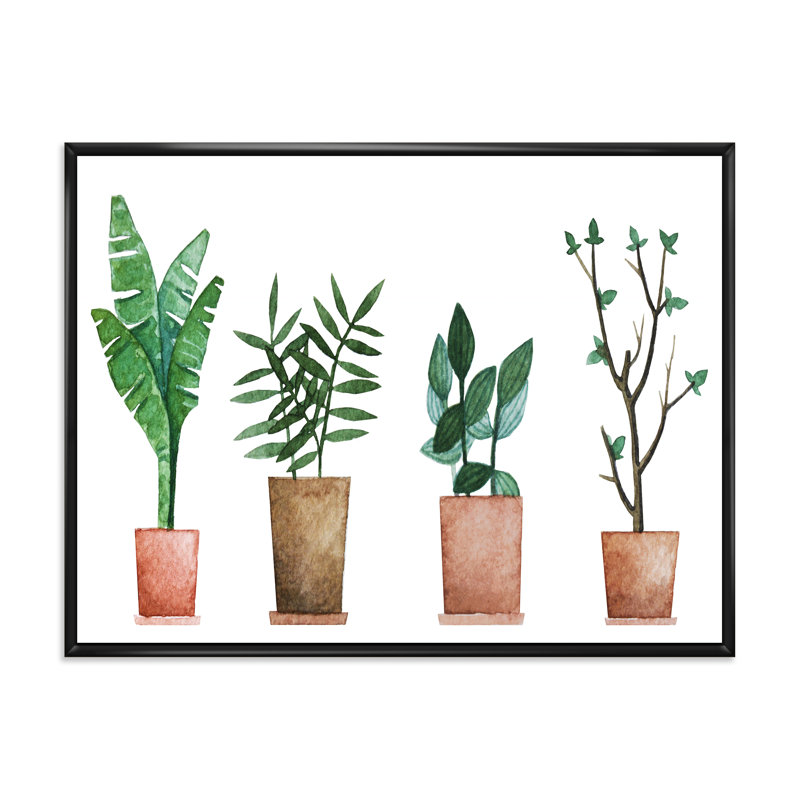 Duo de plantes en pot - Peinture sur toile, H 12 po x l 20 po x p 1 po, Cadre flottant noir
