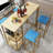 -piece bar table and chair set with gold frame, multi-layer tabletop, sponge cushions, beige and blue upholstery