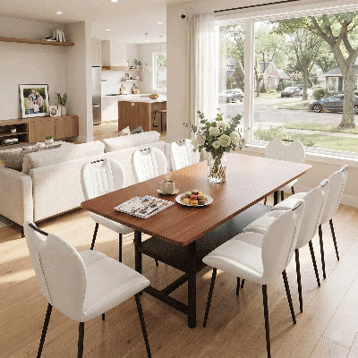 Rectangular Dining Table Set for 8, 71" Farmhouse Dining Table Set with 8 Upholstered Chairs and Storage Shelf, Wooden Tabletop with Black Metal Frame