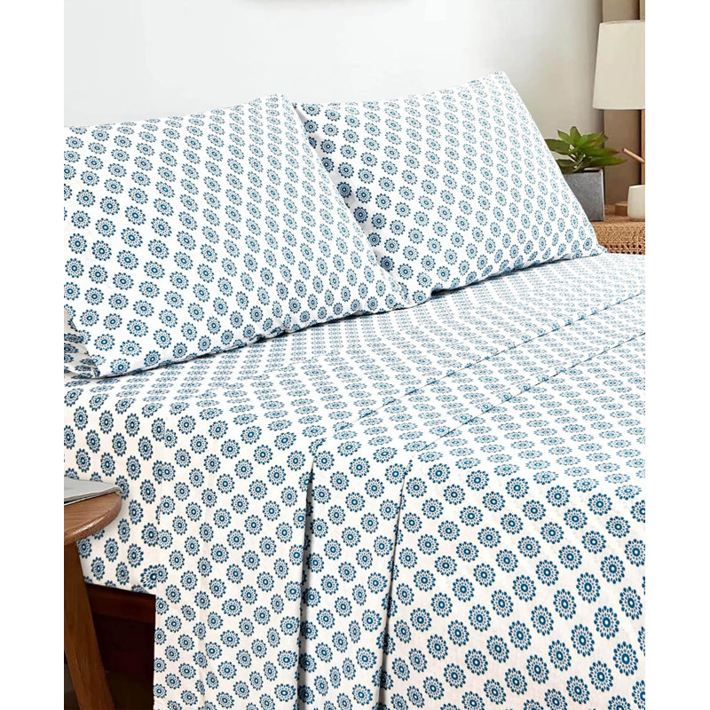100% Cotton King Size Bed Sheets Set with Deep Pockets, Cozy Percale sheets with Elastic Fitted Sheet 4 Piece Bedding and Pillowcase set, Mandalas Aqua