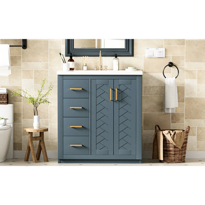 Meuble-lavabo de 30 po avec lavabo en céramique - bois massif bleu et 3 tiroirs