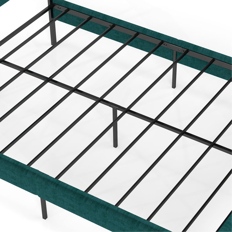 Structure de lit plateforme tapissier - avec tête de lit, aucun sommier nécessaire, rangement sous le lit 14 po, Noir/vert