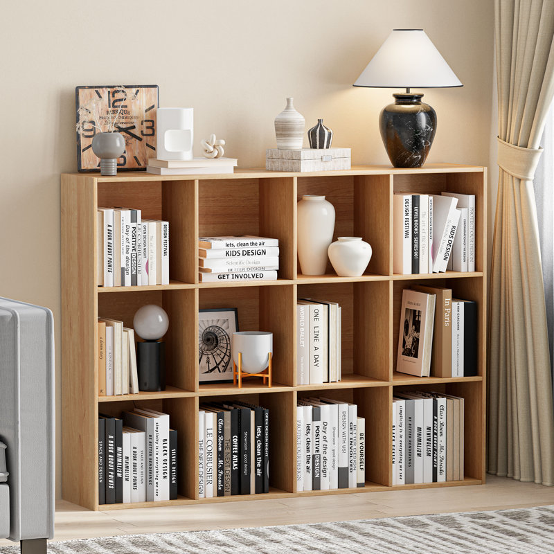 Bibliothèque à 12 cubes, unité de rangement à bibliothèque fermée, armoire de style chêne naturel pour le bureau de la chambre à coucher du salon