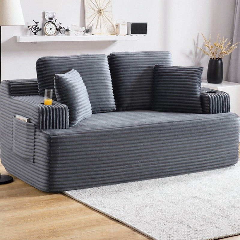 Canapé de 66,5 po de style nuage sans os, canapé 2 places avec porte-gobelet et poches latérales, canapé en velours côtelé moderne à profil bas sans assemblage requis pour les petits espaces