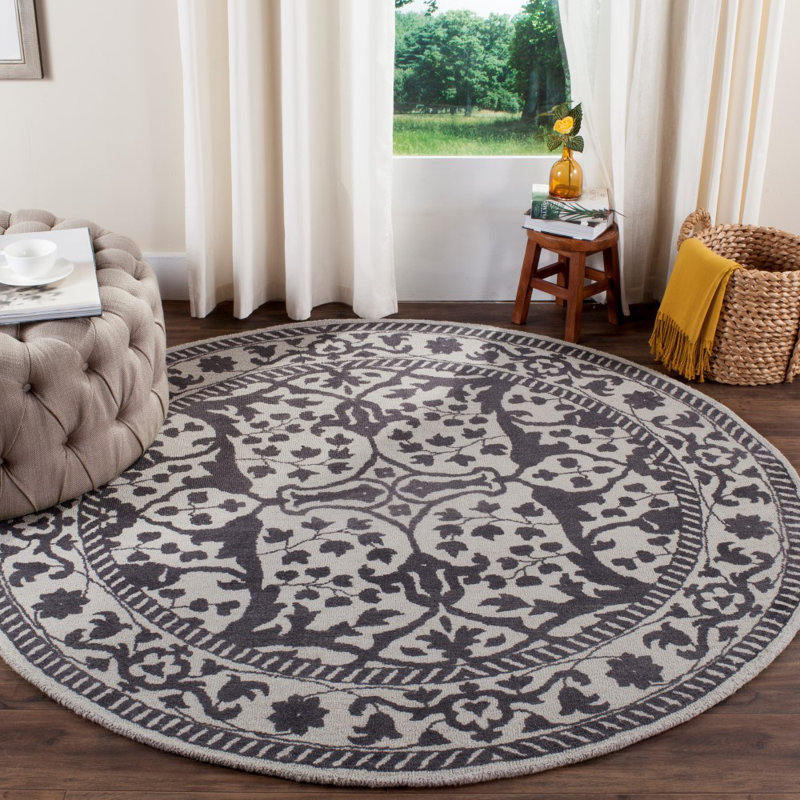 Tapis argenté / gris en laine touffeté à la main Ellicottville, Rond 6 pi