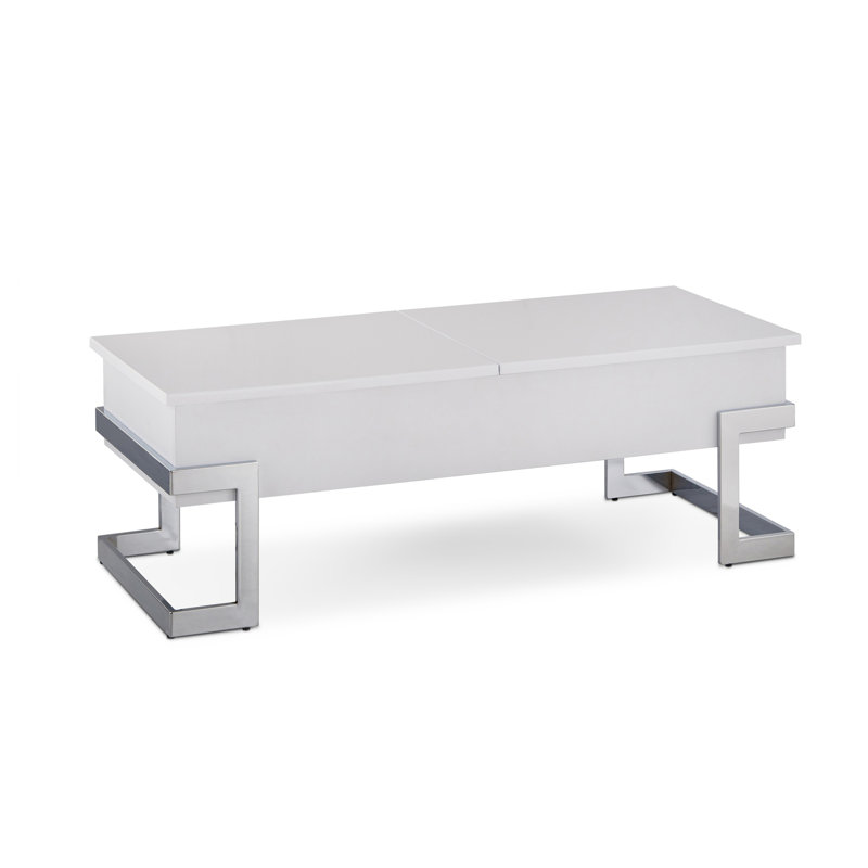 Table basse blanche brillante et chromée avec plateau relevable, Blanc