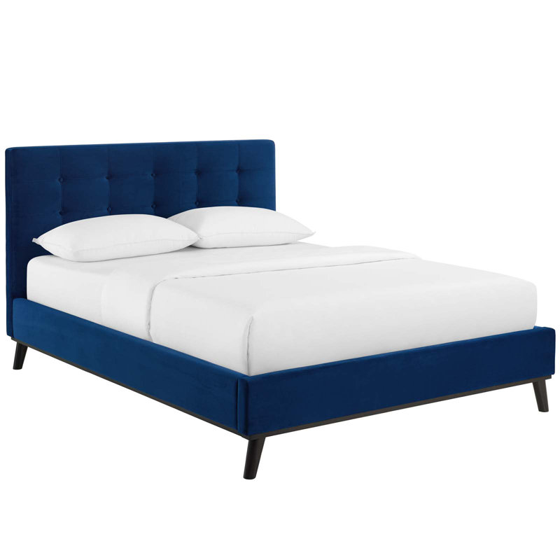 Grand lit plateforme tapissier McKenzie, Bleu marine