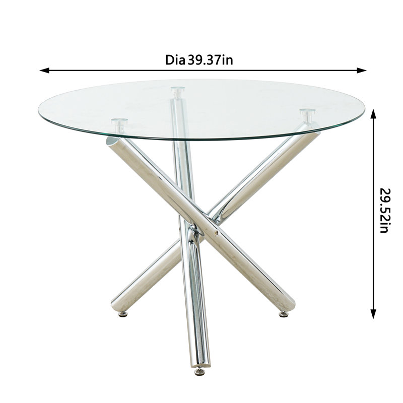 Table de salle à manger ronde moderne Kaizlyn pour 4 à 6 personnes, plateau en verre trempé transparent, piètement en croix en métal, table de cuisine ronde pour salle à manger, table circulaire idéale pour les petits espaces