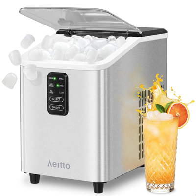 Machine à glaçons de comptoir Aeitto, 26 lb par jour, 8 cubes de glace en 6 minutes, machine à glaçons autonettoyante avec 2 tailles, pelle et panier, pour la cuisine à domicile, en acier inoxydable