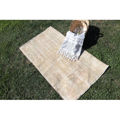 Vintage Turkish Oushak Wool Rug in Beige for Small Space Decor or Door Mat