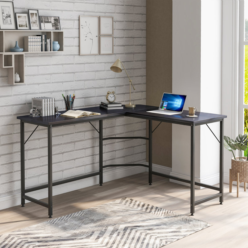 Humberto L-Shaped Steel Writing Desk, Black, Black