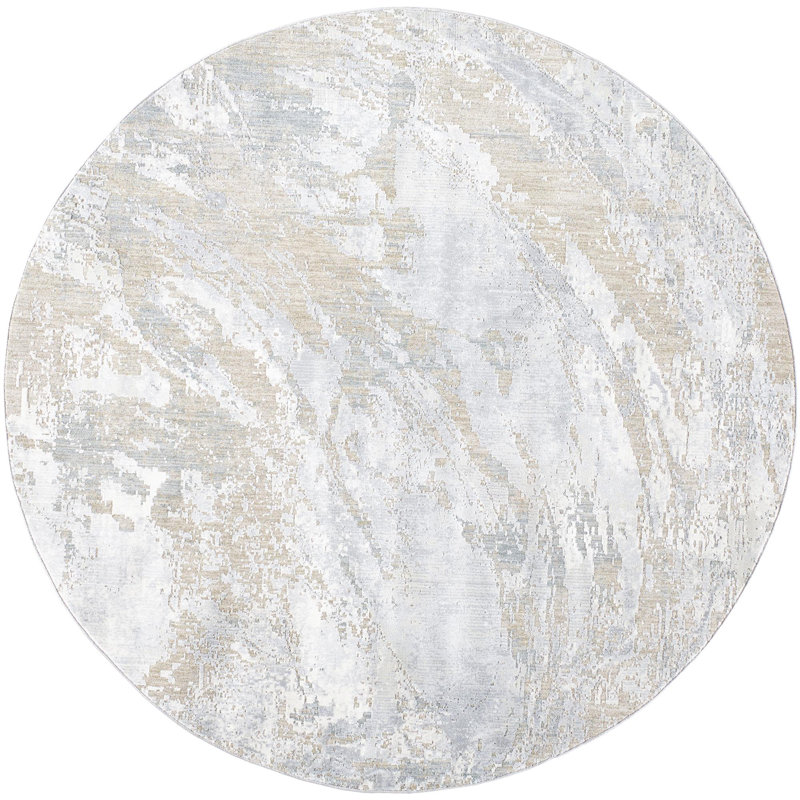 Tapis abstrait en polypropylène tissé à la machine en beige / gris, Rond 6 pi 7 po