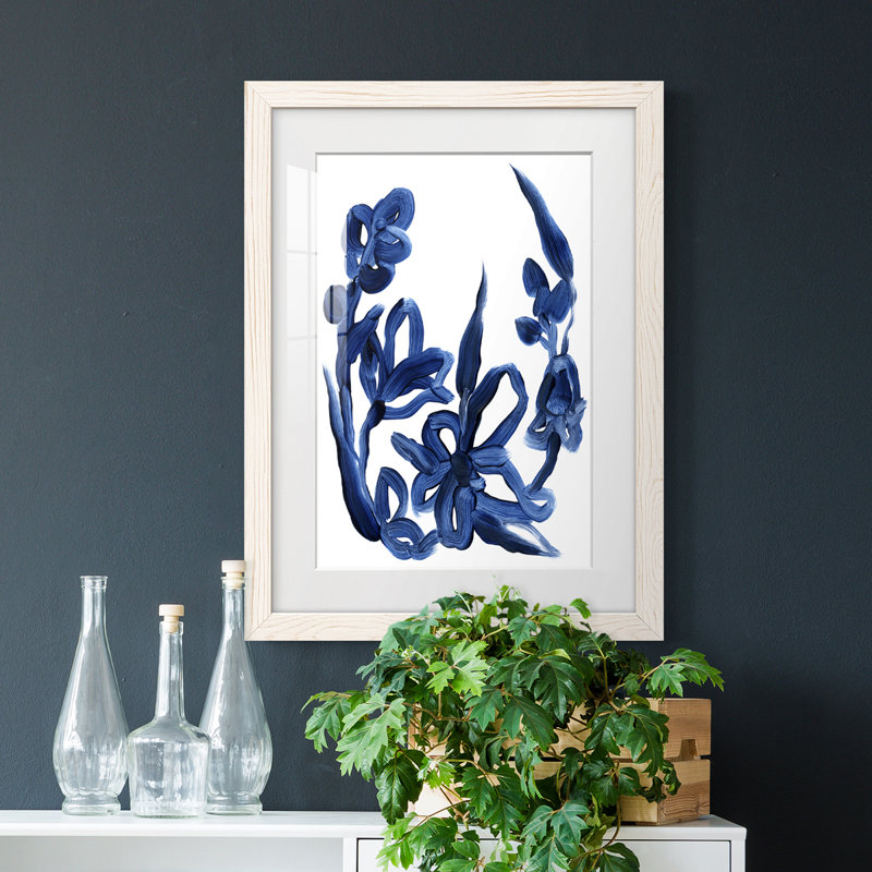 Indigo brossé Blooms II encadré mat - prêt à accrocher, Blanc, H 44 po x l 31 po x P 1 po