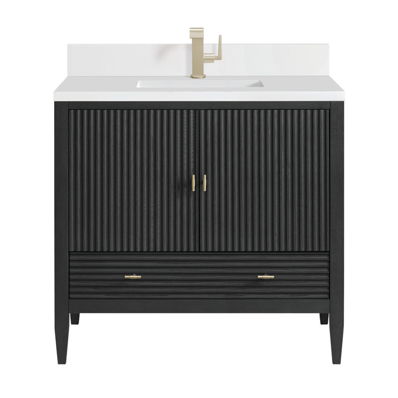 Meuble-lavabo simple l 36 po Myrrin, Blanc Zeus, Chêne carbonisé, Trou unique