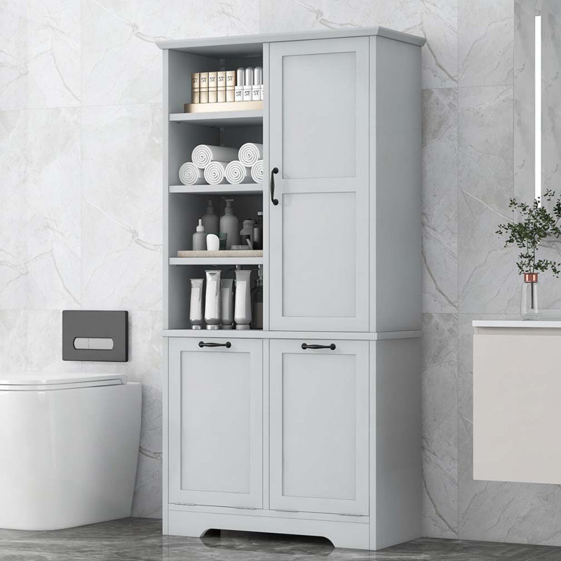 Armoire de rangement de salle de bain avec portes et tiroirs, panier à linge inclinable, plusieurs espaces de rangement, Gris