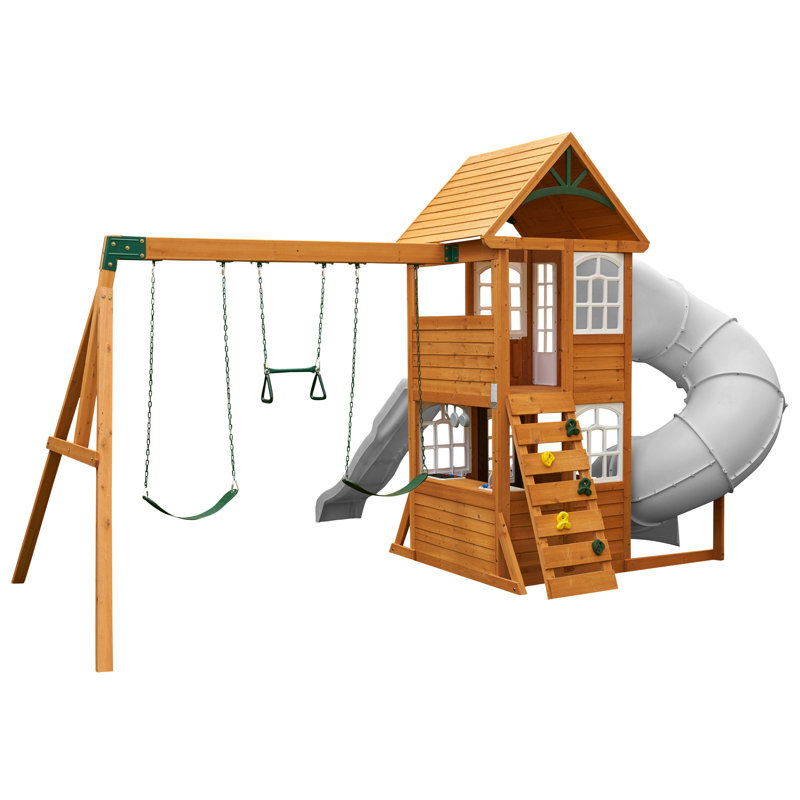 Castlewood Wooden Swing Set, Grey Slide, Gray