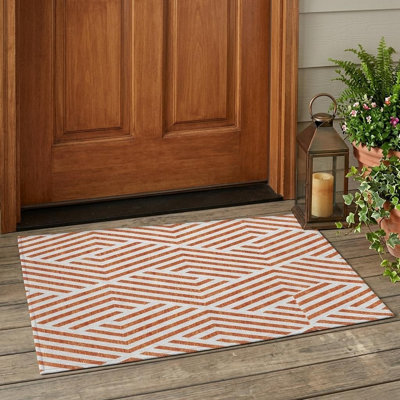 2' X 3' Orange and White Geometric Washable Non Skid Indoor Outdoor Area Rug