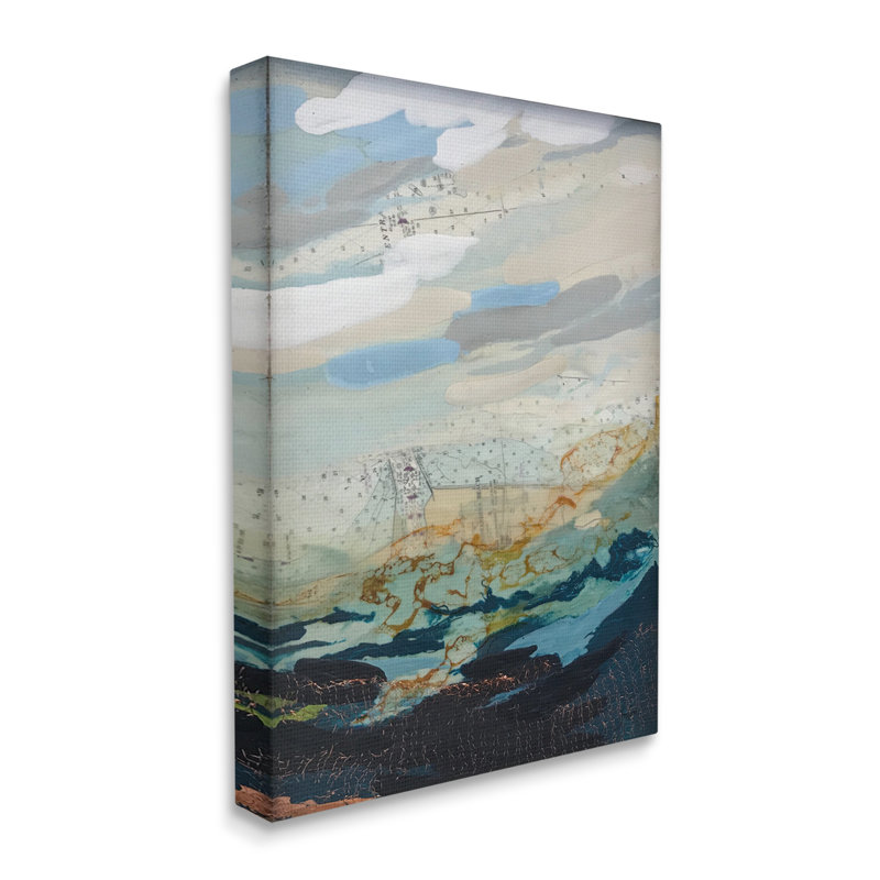 Large Blue and Beige Abstract Ocean Canvas Art with Wooden Frame