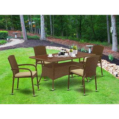 5 Piece Patio Furniture Sets Wicker Outdoor Set Includes a Rectangle Bistro Dining Table with Glass Top and 4 Balcony Armchair with Cushion, Brown