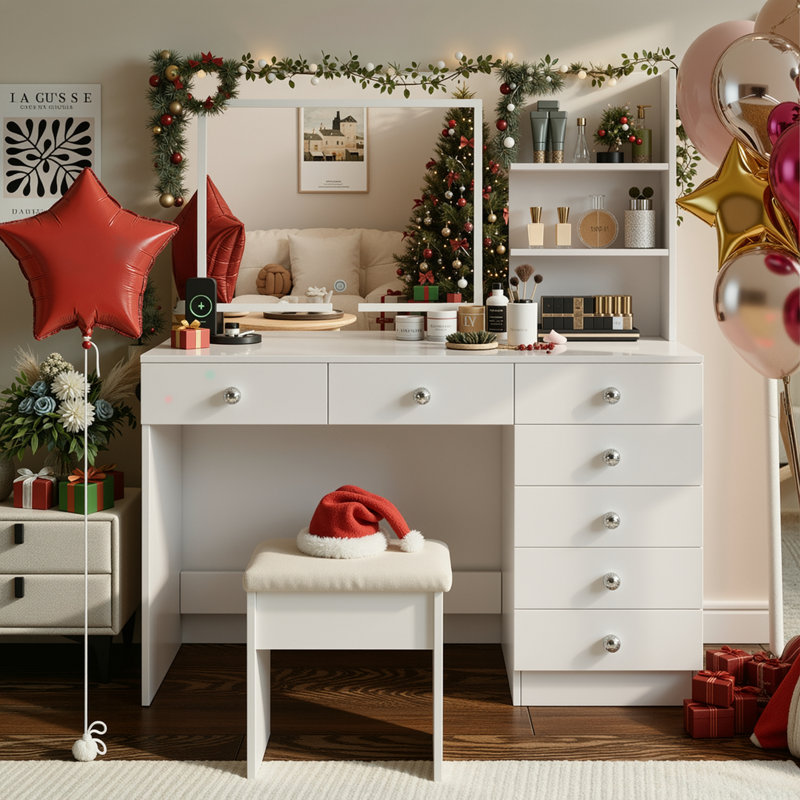 Makeup Vanity Set With LED Lighted Mirror - 7 Drawers Dressing Table With Built-in Outlet, White