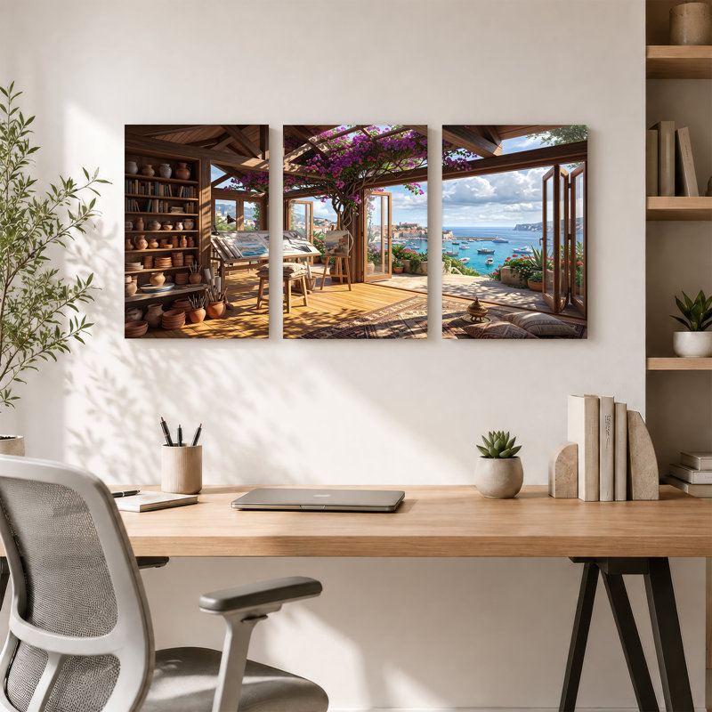 Studio en bois surplombant une ville côtière avec fleurs mauves, ensemble de 3 toiles, 30"H x 20"W x 3pcs