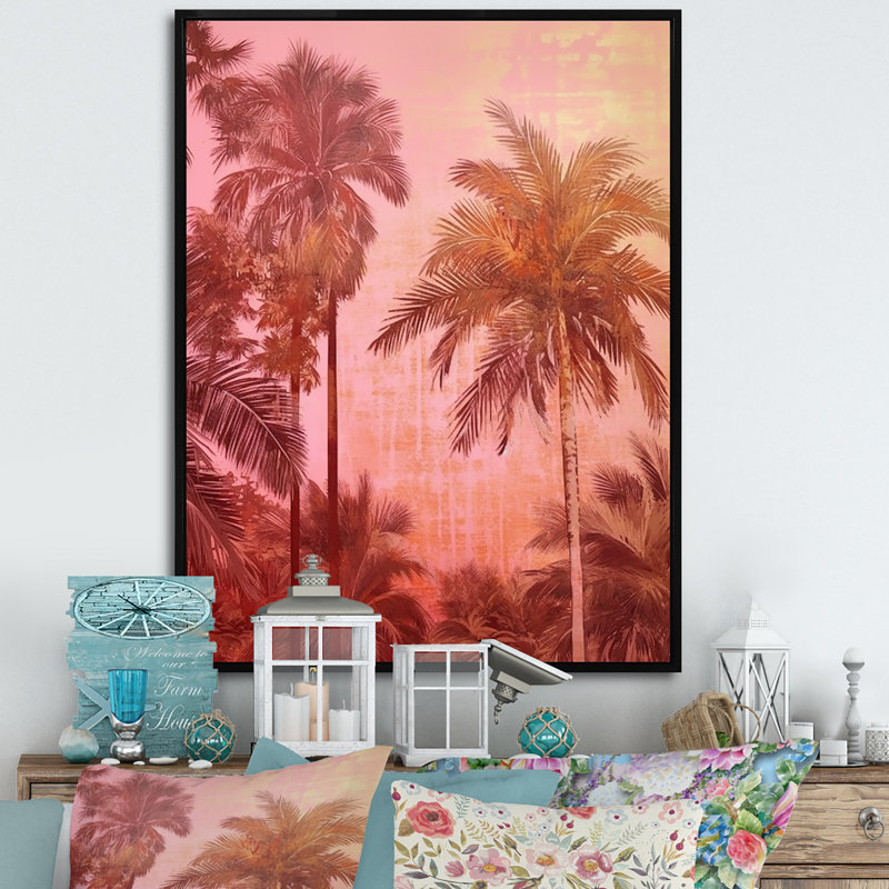 Art mural sur toile rétro avec palmiers roses et ombres III, Cadre flottant noir, H 32 po x l 16 po x P 1 po
