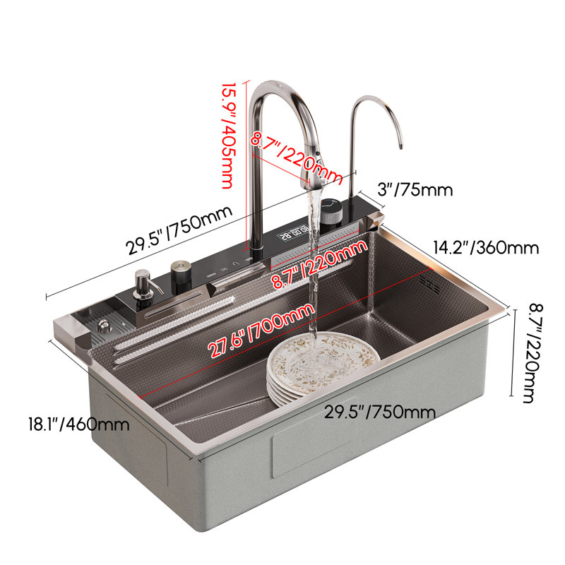 29inch Kitchen Sink with Waterfall Faucet Drop In Workstation 16-gauge Stainless Steel Multifunctional Single Bowl  ﻿, Black