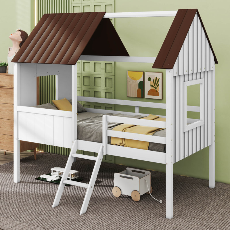 Emera Low Loft House Bed With Guardrails, White/Brown