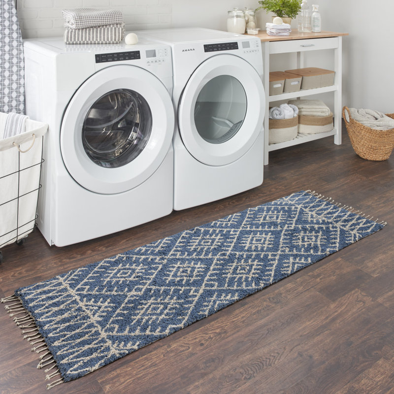 Cotton Geometric Rug, Runner 2'3" x 6', Navy Blue