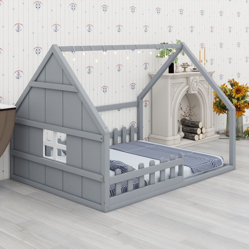 Lit maison avec fenêtre et clôture, DEL, Gris