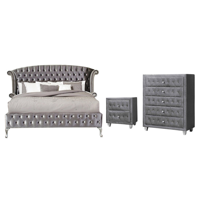 Ensemble de chambre à coucher rembourrée 3 pièces avec commode Mikrut, Gris, Très grand californien