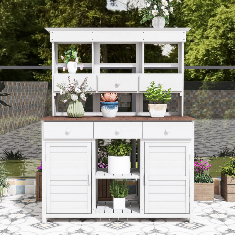 Table de jardin rustique avec huche, 6 tiroirs, tablettes, 2 armoires et crochets latéraux, Blanc / Brun