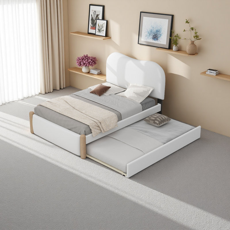 Lit plateforme tapissier avec pieds de support en bois et lit gigogne simple, Lit simple, Blanc