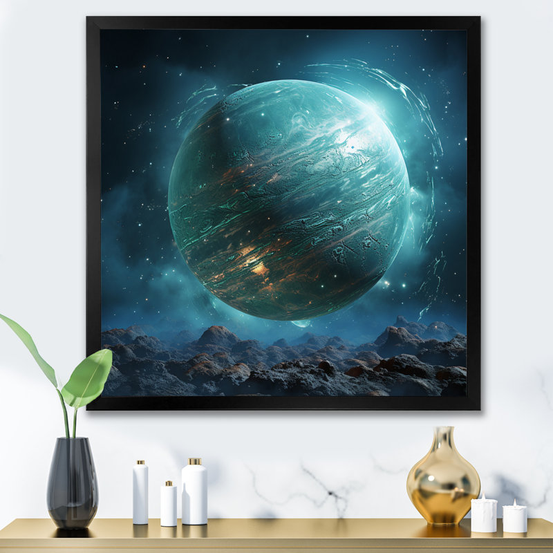 Planète orbitale sarcelle noire - reproduction sur toile, Cadre photo noir, H 30 po x l 30 po x P 1 po