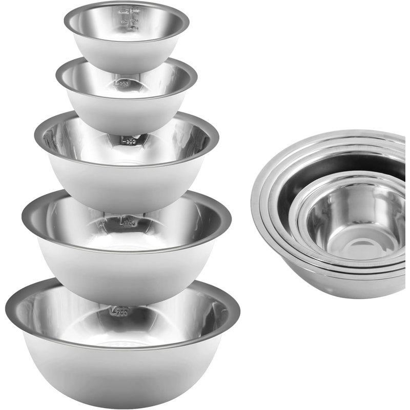 Ensemble de bols à mélanger en acier inoxydable 5 pièces, bols de préparation de cuisine légers de tailles multiples