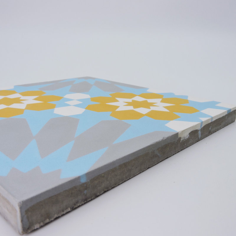 Agdal 8" x 8" Cement Patterned Wall & Floor Tile, Blue/Yellow/Gray