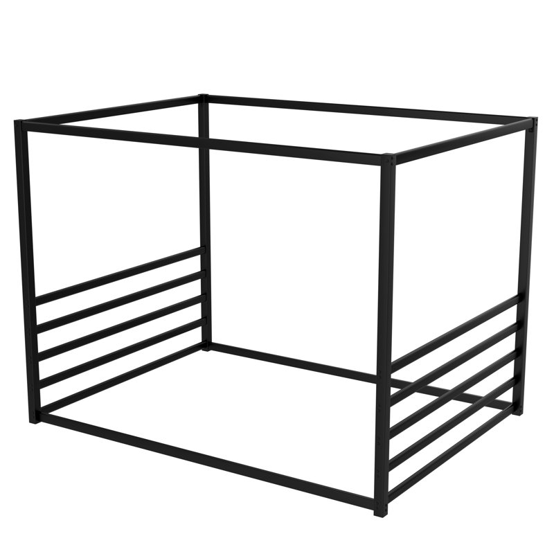 Queen Size Black Metal Floor Bed Frame with Fence Guardrails, Low Platform Modern Bed with Canopy Frame