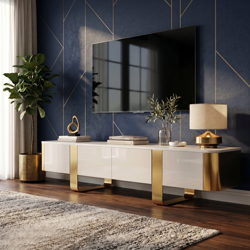 Modern 78.74″ White Gloss Faux Marble TV Stand – Luxury Media Console with Burnt Stone Look, Gold Stainless Steel Legs, 4 Storage Drawers, Simple Assembly