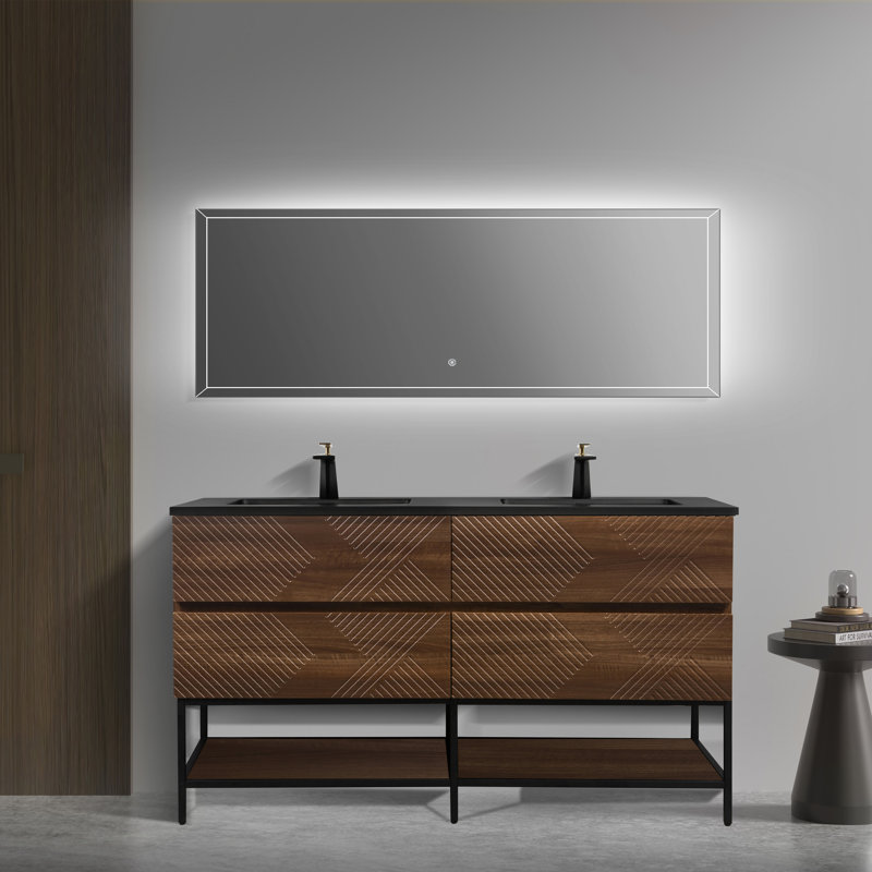 Abrem 60 po L x 19 po P 4 tiroirs Meuble-lavabo autoportant avec évier double et Comptoir en Quartz noir d'ingénierie