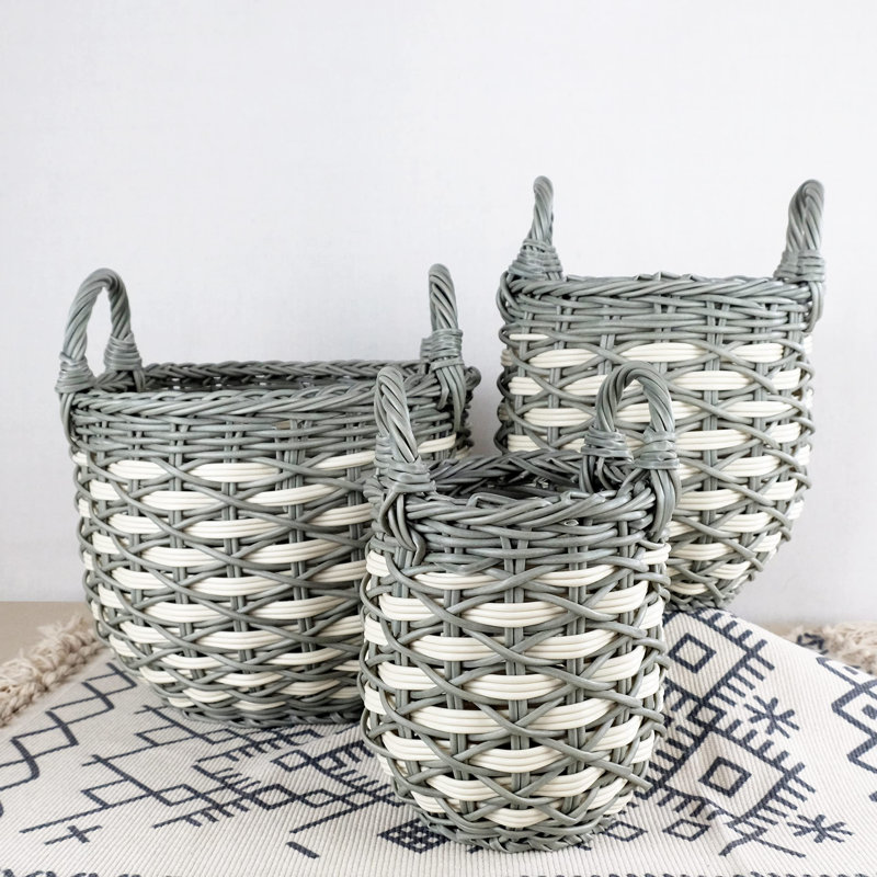 3-Pack Stackable Hand Woven Wicker Storage And Laundry Basket With Handles