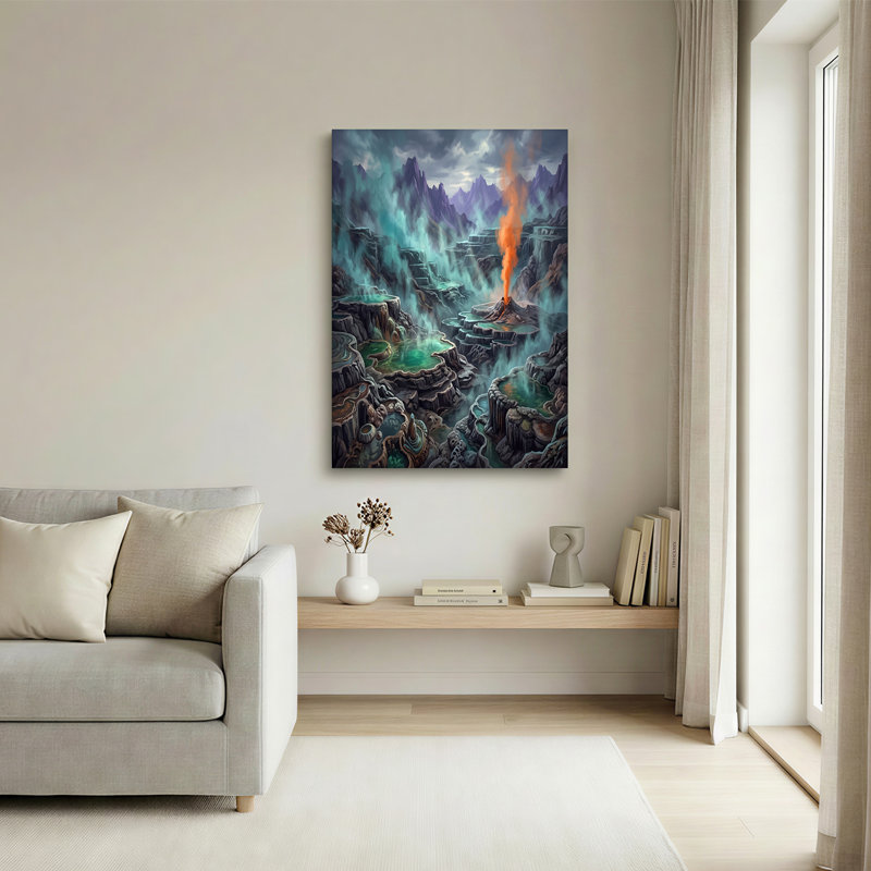 Art mural sur toile, montagnes avec piscines sarcelle en terrasses et fumée orange, 24"H x 36"W